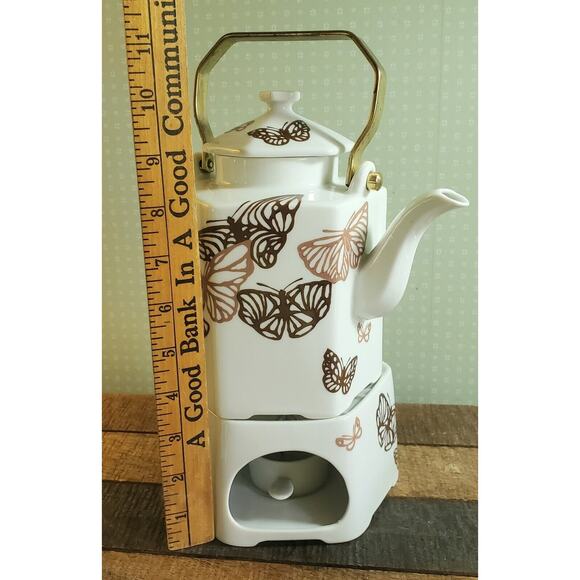 Tea Set Teapot Warmer Sato Gordon Collection Six Cups Brown Gold Butterflies - Picture 13 of 14